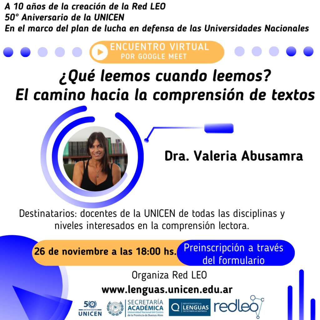 A 10 años de la creación de la Red LEO.  Invitación al encuentro virtual “¿Qué leemos cuando leemos? con la Dra. en Lingüística Valeria Abusamra